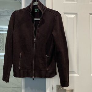 Lauren Ralph Lauren Cotton Brown Zipper Sweater Pocket Cardigan L